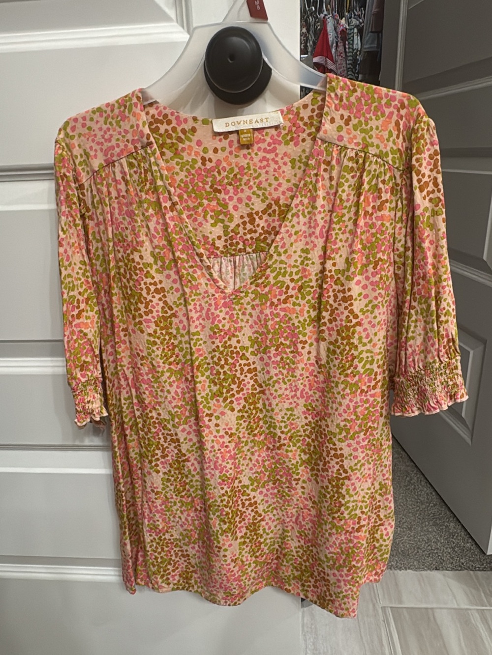 DownEast Pink & Green Floral V-Neck Blouse
